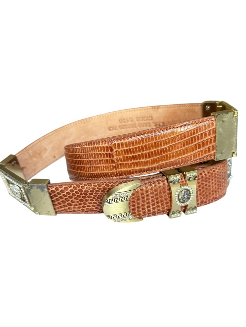 Nice JARIPEO COLLECTION Tan Genuine Lizard Belt Gold Rhinestone Buckle 40